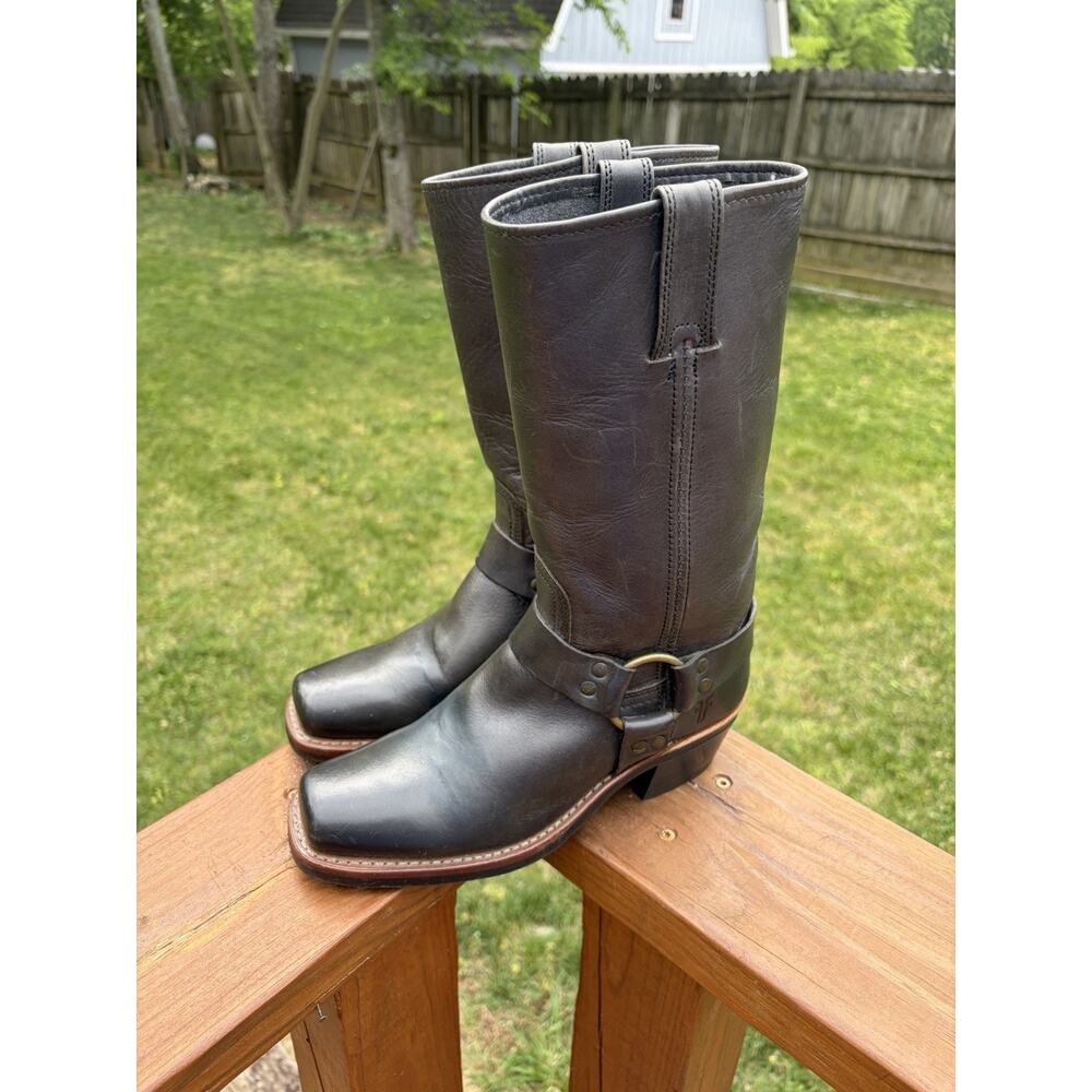 $498 Frye Womens Leather Harness 12R Boots Mid Calf Navy Blue Pull On Size 7.5